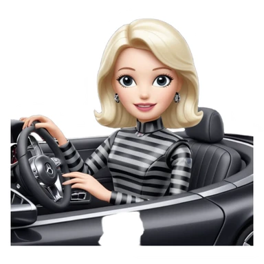 Darth Vader Barbie, 1910 teen Morticia Addams from academy, in dark-gray and black striped outfit. Smiling Driving Mercedes 450 convertible sports car. Pale-white porcelain skin.  sticker