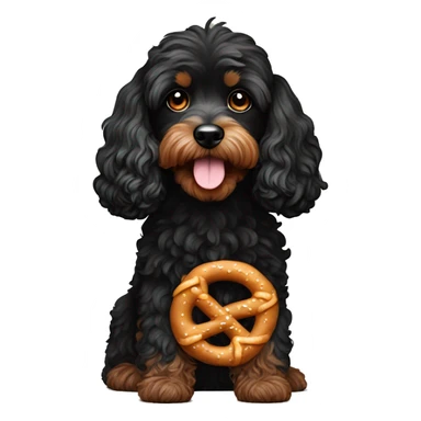 Black cavapoo with a Pretzel sticker