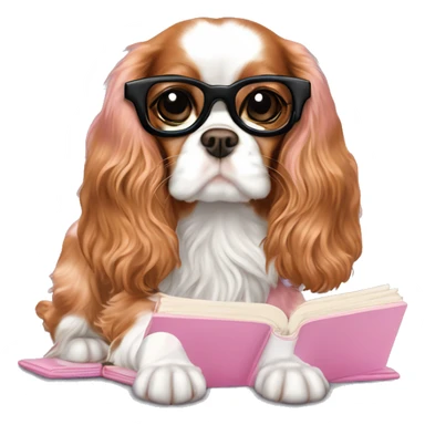 Cavalier King Charles Spaniel with gold eye glasses reading baby pink book sticker