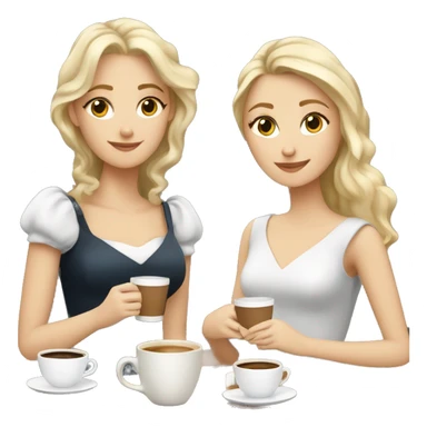 Four beautiful white european girls, one with blond hair and two dark blond hair in dresses have coffee sticker