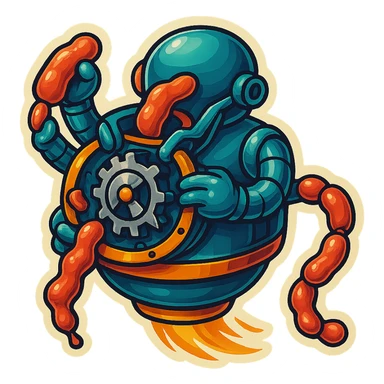  hovering sausage-processing droid in a retro-futuristic style. Its top half is a circular industrial meat grinder with rotating gears and blades. Two robotic arms feed material into the grinder. Sausage links extrude from the rear like a factory line. The body is metallic, compact, and floats above the ground with no legs. Dark humor tone. sticker