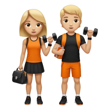 light skin students girl and boy with school bag full of books on hand and dumbell in other hand. Clothes are in black and orange colours. They are going to the gym. They have brown and blonde hair. Dumbell is visible in hand. They are teaching about sport sticker