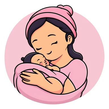 mother tenderly holding sleeping newborn baby wearing pink knit hat sticker