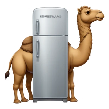 A silver refrigerator with doors as the body, a brown camel head with a hump on top, and tan Timberland boots on the bottom sticker