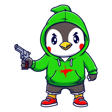A cute half-dolphin half-penguin thug character with a gun, wearing a blood-splattered green hoodie and Dollar General shorts sticker