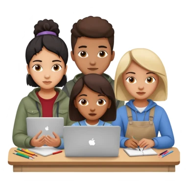 three diverse design students working on creative project with art supplies and laptops sticker