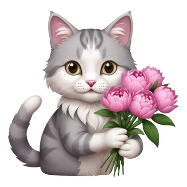 Cute cat Handing pink peonies like reaching a hand and handing them out a bouquet of them not a physical hand the cats hand  make the cat fluffy and grey and white fluffier make the cat wear a pink coquette make her wear a pink coquette make the peonies open and in boquette sticker
