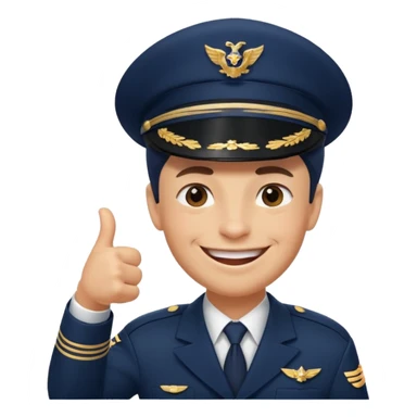 Slack-style emoji of a pilot wearing a slightly tilted navy captain hat, giving a thumbs-up, big cheerful smile, eyes closed or happy squint sticker