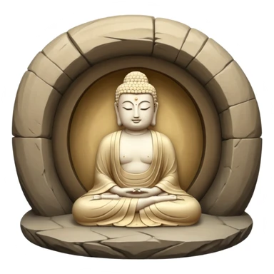symbolic emoji of Seokguram, round stone cave with seated Buddha statue inside, stone serene atmosphere, expressing sacredness of Korean Buddhism sticker