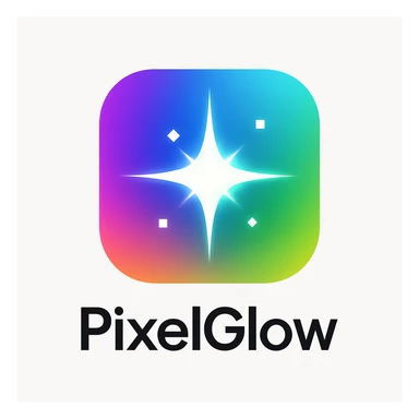 Modern, eye-catching logo for PixelGlow, a futuristic AI image generation app. Rounded square icon with a vibrant multi-color gradient background smoothly transitioning through purple, blue, cyan, green, and orange, resembling a radiant aurora or prism light. Central minimal, bold 8-point starburst or crystal-shard flare evoking magic, creativity, and AI-powered transformation. Clean, scalable, tech-savvy, inspired by Google Gemini and OpenAI branding, with a playful, creative twist. Optional soft glowing edges, slight shadow under the starburst, tiny pixel elements. Background white or off-white for pop. Sleek, glowing, magical, futuristic, minimalistic. sticker