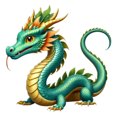  serpent dragon. Slim, serpentine body with smooth scales in soft blues and greens. Fluffy leaf plumes replace the tail fins, and a terracotta crown-like crest adorns its head. Gentle amber eyes. it should be similar to traditional chinese dragons. no legs. snake-like body. sticker