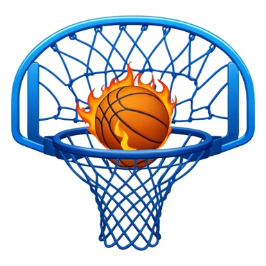Blue basketball with flames effect passing through net, dramatic sports moment, iOS emoji style sticker
