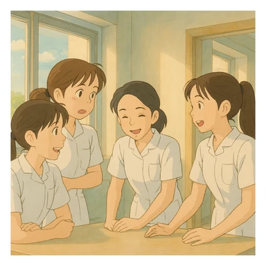 Scène Ghibli de quatre étudiants infirmiers (inspirés des photos), en interaction, portant des tuniques médicales blanches à manches courtes, col en V, poche poitrine à gauche, sans stéthoscopes ni pied de col, avant-bras nus, cheveux longs attachés. Décor intérieur lumineux, ambiance collaborative. sticker
