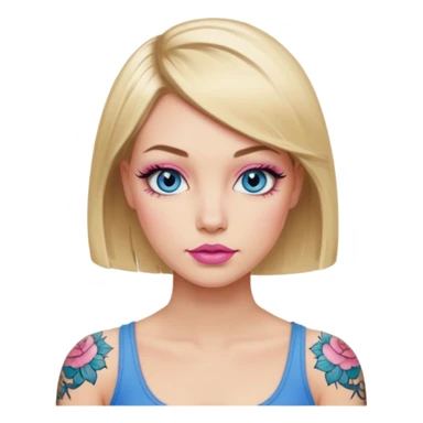 Woman, Blonde hair Medium blunt bob, blue eyes with doe lashes, pink lips, tattoo on arms sticker