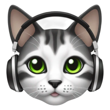 cat black and white, green eyes and white headset sticker