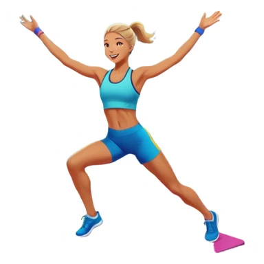 An energetic person performing an aerobics workout in a brightly lit gym, jumping and stretching with enthusiasm. The scene includes vibrant fitness equipment like dumbbells and exercise mats, with a background of cheerful, motivating colors, conveying energy and movement. sticker