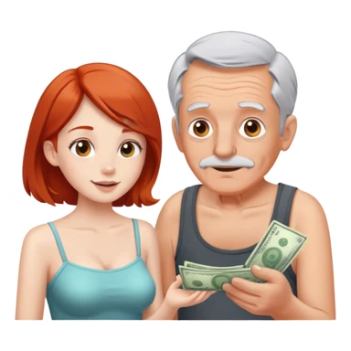 Kind elderly grandfather with gray hair giving money to a, pretty, tube top, red head young woman who needs financial help,  sticker