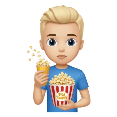 generate a pretty fair bratz boy with a blue tshirt on. eating popcorn sticker