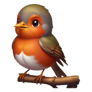 Cinematic Cute Robin Portrait Emoji, Head tilted playfully and inquisitively, featuring a charming, petite form with a vibrant red breast, round, sparkling eyes full of gentle mischief, and a delicate, beak-like smile, Simplified yet irresistibly adorable features, highly detailed, glowing with a warm, inviting glow, high shine, affectionate and lively, stylized with a touch of whimsical woodland charm, soft glowing outline, capturing the essence of a mischievous yet endearing robin that seems as if it could sing out of the screen into your heart! sticker