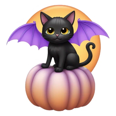 Cute black cat with bat wings sitting on a pumpkin holding a pastel Purple Heart sticker