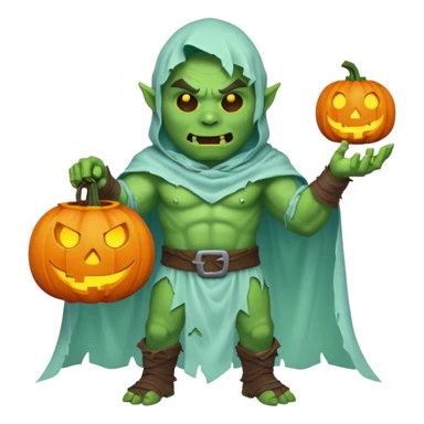 male orc warrior ghost emoji, green skin, wearing torn white ghost sheet costume, holding glowing jack-o'-lantern, faint blue aura, friendly but spooky expression, Halloween fantasy theme, Apple emoji style, clean white background, square sticker