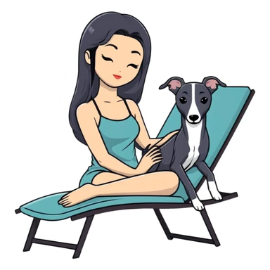 Very thin Chinese woman with long black hair relaxing on a spa lounger with exactly ONE whippet dog. CRITICAL REQUIREMENT: the whippet must be ONE SOLID VERY DARK CHARCOAL GREY (almost black-grey) COLOR from nose to tail with NO WHITE or LIGHT AREAS anywhere - NO white face, NO white muzzle, NO white chest, NO white paws, NO white tail tip - NOTHING BUT A SINGLE SHADE OF VERY DARK GREY throughout the entire animal sticker