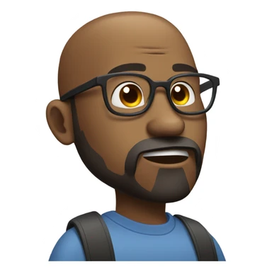 A bald black man with a beard and goatee in deep thought scratching his beard with glasses thinking. sticker