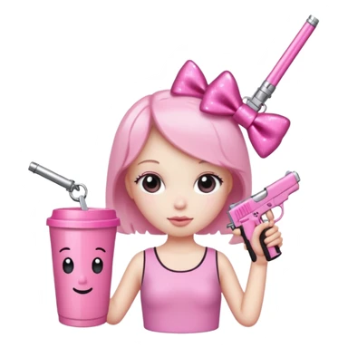 Minimalist stick figure with a cute pink aesthetic. It has a sparkly pink bow on its head, a pink gun keychain hanging nearby, and is holding a large pink tumbler cup. The background is simple white with a soft shadow for a clean look. sticker