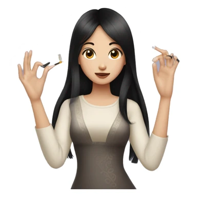 Asian girl with long black hair and side swept bangs doing her long nails sticker