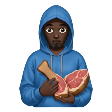 MF DOOM in a blue hoodie holding a piece of meat sticker