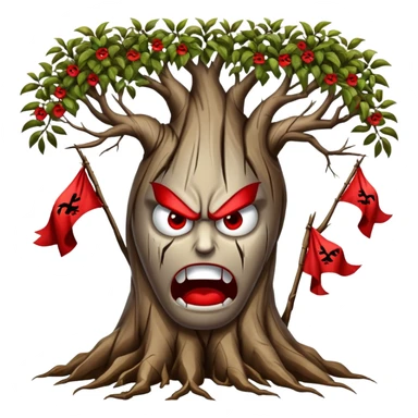 roots with red flags on the tips, tree, angry faces hanging on the tips of the tree branches sticker