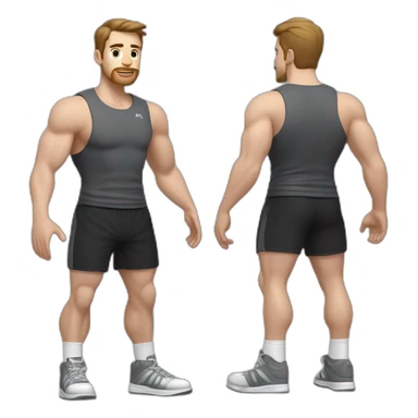 Full height Actively gesturing with hands Pale skinned Fit Man With the biceps and brown hair in dark gray Sleeveless Mike, black oversize sports shorts and white Sneakers sticker