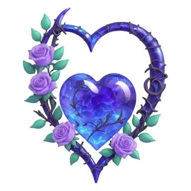 gothic heart made of iridescent lavender glass, silver crescent moon, glowing purple roses, holographic stardust, neon blue lightning, wet and cracked glass sticker