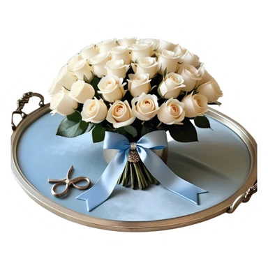 Set against a warm beige and pearl-colored lace backdrop, a bouquet of creamy white roses intertwined with pale blue blooms is wrapped in a soft champagne-colored velvet ribbon, forming a perfect bow. The bouquet rests on an antique silver tray, its delicate engravings catching the soft glow of candlelight. Hovering above, a trio of metallic pearl balloons in soft ivory and rose gold tones sway gently, their surfaces gleaming with a muted, vintage-inspired sheen. sticker