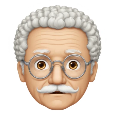 An elderly man emoji with light skin, fluffy curly white hair, thick white eyebrows, brown eyes behind black-framed glasses, a narrow pointed face, and a thin straight white mustache above his mouth. sticker