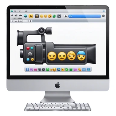 Create an emoji of video editing. Should feature a video editing timeline or interface on a computer screen, showing clips and a playhead. Include a video camera and editing tools. No smiley faces. Make the background transparent. sticker