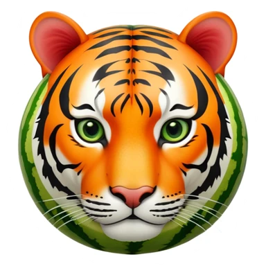 A round watermelon with green rind and a realistic tiger head attached to it sticker
