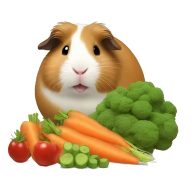 Guineapig eating a huge pile of veggies and fruit sticker