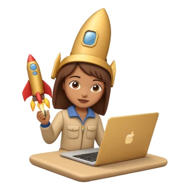 3D clay character with laptop and small rocket launching, cute rounded style, deep green (#0B3D2C), gold rocket, cream laptop, soft shadows, transparent background sticker