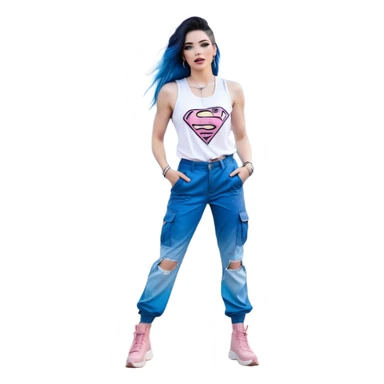Tall-full body-Larger female chest-very excited-very-beautiful-face-white torn cargo pants-light-pink-lips-very long-very-straight-dark-blue-ombre-hair-and-blue-eyes-thick-black-eyeliner-thick-long-eyelashes-sky-blue-superman-tank-top-with-glitter-and-silver-hoop-earrings sticker