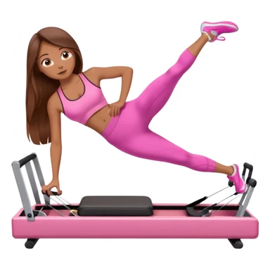 girl doing a plank on a pilates reformer in a pink workout set with long brown hair sticker
