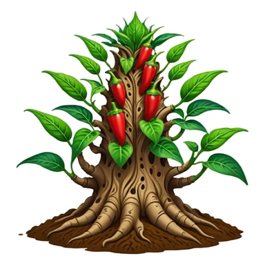 Very Large decorative gnarled alien-futuristic multi-tier space-efficient seeding plant rack, which holds tiny hot pepper plants, constructed from mud and coconut fiber matrix  sticker