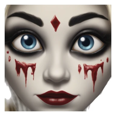 Lordi in Harley Quinn style, oil paint, mysterious eyes, intricate lips, masterpiece portrait, odd perspective, beautiful, desirable, logical sticker