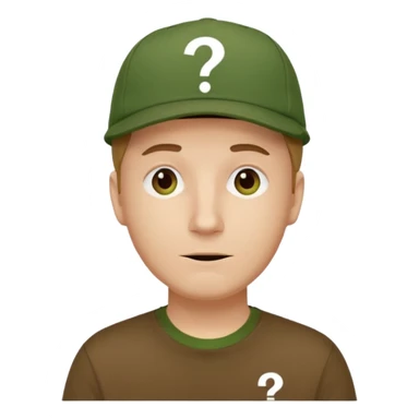 white fat man with brown cap and green t shirt printeed a question mark sticker