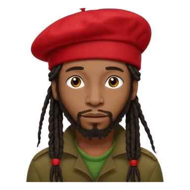 Black man with long black dreadlocks tied back, red beret, reggae style sticker