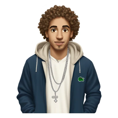 create an emoji of a young mixed-race Moroccan rapper with a diamond chain on his neck dressed in a Lacoste tracksuit. his mid-length brown curly hair and a small budding mustache sticker