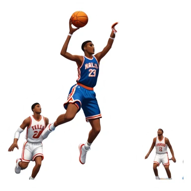 An icon featuring a basketball court with players in action, inspired by NBA 2K25. A player jumps for a dunk, with the ball mid-air. Bright lights illuminate the court, symbolizing the excitement of sports simulation games. Transparent background emphasizes the energy. sticker