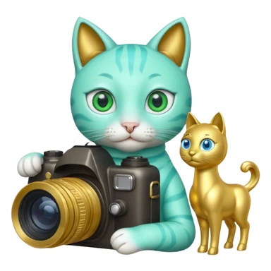 A green cat with blue eyes holds a camera and a gold horse statue  sticker