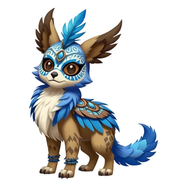 Furry cute colorful exotic tribal feral anime-styled Fakémon-Pokémon-animal-creature with a skull mask, and a feather-mane-collar, and blue feathers, with long furry ears, long furry tail, 4 legs, (full body), with intricate pattern-markings sticker