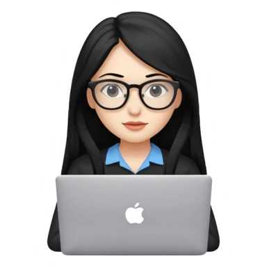 female student with black long hair working on a macbook laptop. sticker